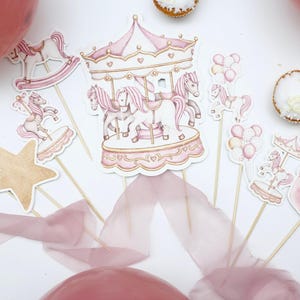 Toppers de bolo de carrossel rosa, Toppers de cupcake de parque de diversões, Toppers de bolo de chá de bebê, Toppers de bolo de aniversário de 1 ano para meninas, Decorações de festa de aniversário