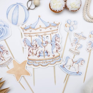 Toppers de bolo de carrossel azul, Toppers de cupcake de parque de diversões, Toppers de bolo de chá de bebê, Toppers de bolo de aniversário de 1 ano para menino, Decorações de festa de aniversário