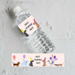 EDITABLE Dog Puppy Pawty Pink Balloons Rainbow Water Bottle Label Birthday Decor Printable Instant Digital Download Customisable Corjl