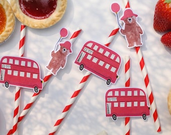 London Bus Straw Flag, London Birthday Decor, London Bear Party, London City Trip Party Decor, Red Bus Straw Labels