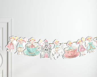 Printable Princess Mouse Garland, Vintage Mouse Banner, Princess Birthday Printable Bunting, Girl Party Decor, Instant Download Garland