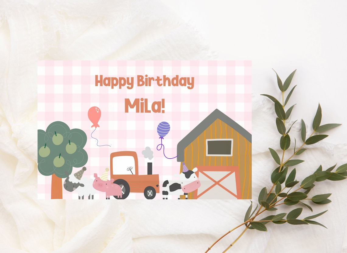EDITABLE Pink Farm Cake Toppers, Pink Check Cake Toppers, Barn Cake ...