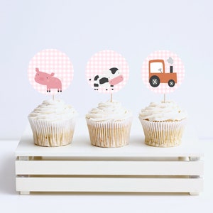 EDITABLE Pink Farm Cake Toppers, Pink Check Cake Toppers, Barn Cake ...