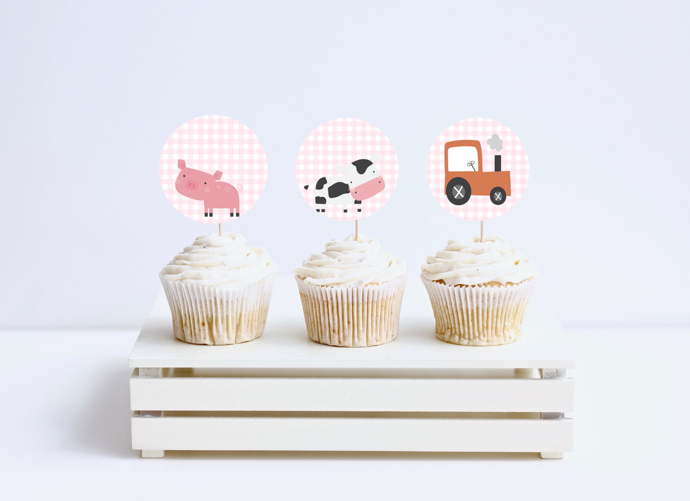 EDITABLE Pink Farm Cake Toppers, Pink Check Cake Toppers, Barn Cake ...