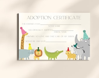 Wild One Adoption Certificate Safari Animal Adoption Certificate  Jungle Animals  Zoo Animals Party Wild One Adopt an Animal Certificate