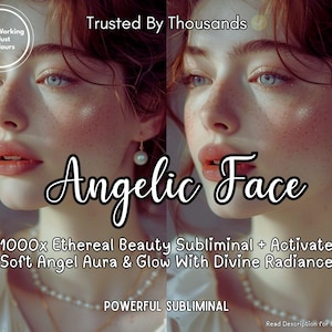 May include: A split image featuring a woman with fair skin, freckles, and blue eyes. The text "Angelic Face" is displayed in a cursive font. Additional text includes "Starts Working in Just 12 Hours" and "Trusted By Thousands."