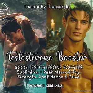 Puede incluir: Un anuncio de un potenciador de testosterona. La imagen presenta a dos hombres sin camisa, con el texto "Testosterone Booster" y "1000x TESTOSTERONE BOOSTER Subliminal + Peak Masculinity, Strength, Confidence & Drive". También está presente el texto "Starts Working in Just 12 Hours".