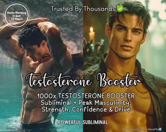 Może przedstawiać: Reklama boostera testosteronu. Obraz przedstawia dwóch mężczyzn bez koszuli, z tekstem "Testosterone Booster" i "1000x TESTOSTERONE BOOSTER Subliminal + Peak Masculinity, Strength, Confidence & Drive". Obecny jest również tekst "Starts Working in Just 12 Hours".
