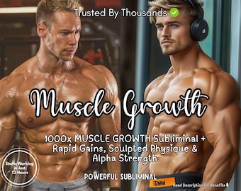 Może przedstawiać: Reklama z dwoma umięśnionymi mężczyznami. Wyświetlany jest tekst "Muscle Growth", wraz ze szczegółami produktu: "1000x MUSCLE GROWTH Subliminal + Rapid Gains, Sculpted Physique & Alpha Strength." Dodatkowy tekst zawiera "Starts Working in Just 12 Hours."