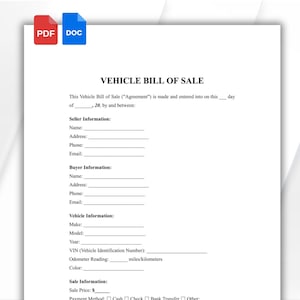 Vehicle Bill of Sale Printable contract Motor Vehicle Sale Contract Vehicle Bill of Sale Template Editable Google Docs PDF Instant Download