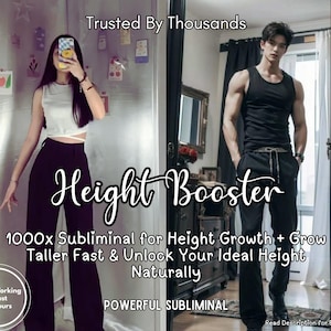 Peut inclure: Publicité pour un produit "Height Booster". L'image présente deux personnes, l'une en haut blanc et pantalon noir, l'autre en débardeur noir et pantalon noir. Le texte promeut "Height Growth" et "Grow Taller Fast".