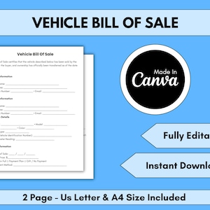 Vehicle Bill of Sale Printable contract Motor Vehicle Sale Contract Vehicle Bill of Sale Template Editable Google Docs PDF A4 & US Letter