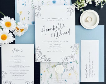 Full Set DIY Luxury Wildflower Wedding Invitations on a Budget w/ Envelope with Liner and Label, Vellum Jacket, Wax Seal for 96 Cents/Set