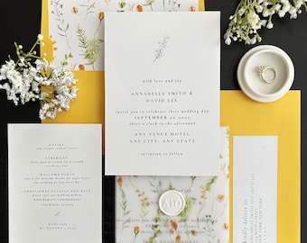 Full Set DIY Luxury Yellow Floral Wedding Invitations on a Budget w/ Envelope with Liner and Label, Vellum Jacket, Wax Seal for 96 Cents/Set