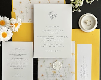 Full Set DIY Luxury Yellow Daisy Wedding Invitations on a Budget w/ Envelope with Liner and Label, Vellum Jacket, Wax Seal for 96 Cents/Set