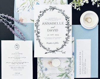 Full Set DIY Luxury Blue Floral Wedding Invitations on a Budget w/ Envelope with Liner and Label, Vellum Jacket, Wax Seal for 96 Cents/Set