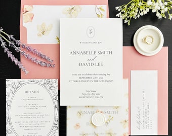 Full Set DIY Luxury Pink Floral Wedding Invitations on a Budget w/ Envelope with Liner and Label, Vellum Jacket, Wax Seal for 96 Cents/Set