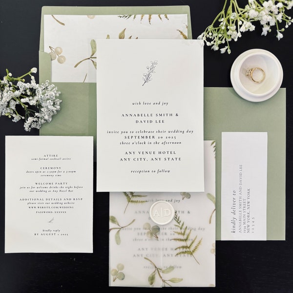 Full Set DIY Luxury Greenery Wedding Invitations on a Budget w/ Envelope with Liner and Label, Vellum Jacket, Wax Seal for 96 Cents/Set