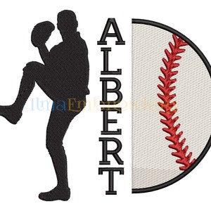 May include: A black silhouette of a baseball pitcher with the name "ALBERT" in vertical black letters next to a white baseball with red stitching.