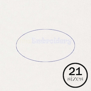 May include: A white fabric background featuring a centered dark blue oval outline. The word "Embroidery" is faintly visible in the center. A black circular badge in the bottom right corner contains the text "21 sizes" in bold black lettering.