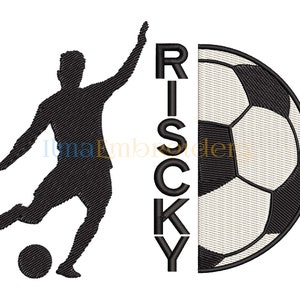 May include: Black and white silhouette of a football player kicking a ball with the word "RISCKY" written vertically next to a black and white football.