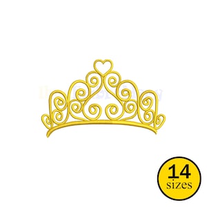 Puede incluir: Una tiara dorada con un diseño en forma de corazón en la parte superior y patrones arremolinados. La tiara está sobre un fondo blanco. Un círculo amarillo con el texto "14 tamaños" está en la esquina inferior derecha.