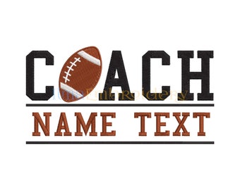 May include: Black and brown embroidery design with the word "COACH" in large block letters with a football graphic in the middle of the word. The text "NAME TEXT" is below the word "COACH" in smaller brown letters.