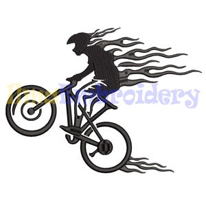 May include: Black silhouette of a cyclist on a bicycle, with flames trailing behind. The cyclist wears a helmet and is in motion. The bicycle has large wheels and a detailed frame. The design is suitable for embroidery or digital art.