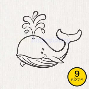 Puede incluir: Ilustración de ballena de dibujos animados en blanco y negro con un chorro de agua. La ballena tiene una cara sonriente y una cola curvada. Un círculo amarillo con el texto "9 tamaños" está en la esquina inferior derecha.