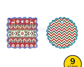 Scalloped Tag Applique Embroidery Design, Circle and Square Shapes (9 Sizes) (Digital Download)