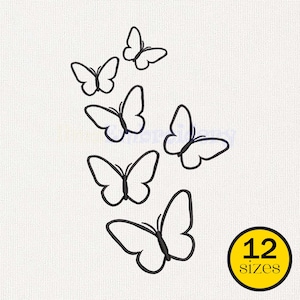 May include: A collection of black outline butterfly designs on a textured white background. A yellow circle in the bottom right corner displays the number 12 and the word "sizes". The butterflies are a simple, elegant design.