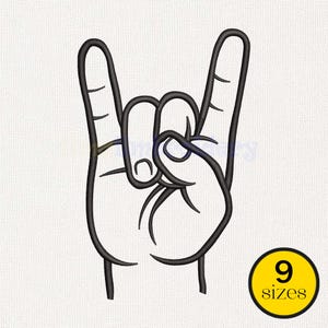 May include: Black outline of a hand making the rock on gesture. The index and pinky fingers are extended, with the thumb tucked in. A yellow circle with the text "9 sizes" is in the lower right corner.