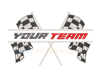 May include: Two black and white checkered flags crossed behind a banner with the text "YOUR TEAM" in gray and red letters.