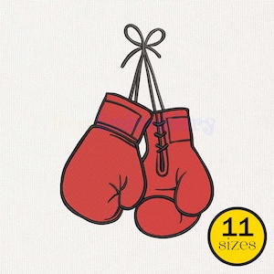 Puede incluir: Un par de guantes de boxeo rojos con cordones y cuerdas negras, sobre un fondo blanco. Los guantes están delineados en negro. Un círculo amarillo en la esquina inferior derecha muestra el texto "11 tamaños".