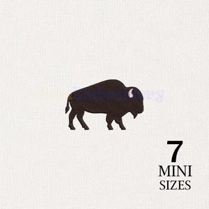 May include: A dark brown embroidered bison silhouette with a single visible white horn, positioned centrally. Below the bison, the text reads 7 MINI SIZES in black, sans-serif capital letters, set against a textured white fabric background.