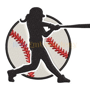 Puede incluir: Silueta negra de un jugador de béisbol bateando, sobre un balón de béisbol. El balón es blanco con costuras rojas y un contorno negro. El jugador está en pleno swing, con el bate extendido.