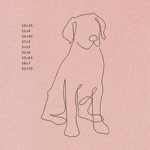 May include: A minimalist black line drawing of a dog sitting, on a pink background. The dog's form is created with a continuous line. Text on the left side lists various dimensions, such as 1.9 x 3.5 inches, 2.1 x 4 inches, and up to 4.1 x 7.5 inches.