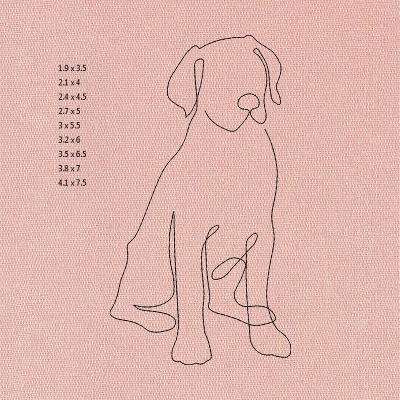 May include: A minimalist black line drawing of a dog sitting, on a pink background. The dog's form is created with a continuous line. Text on the left side lists various dimensions, such as 1.9 x 3.5 inches, 2.1 x 4 inches, and up to 4.1 x 7.5 inches.