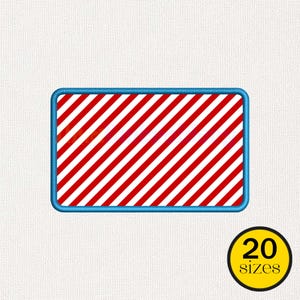 May include: A rectangular patch with a blue border and a red and white diagonal stripe pattern. A yellow circle with the text "20 sizes" is in the lower right corner.