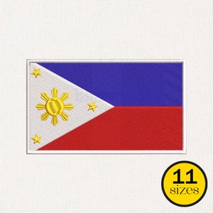 May include: A rectangular embroidered patch featuring the flag of the Philippines with a white triangle on the left, blue on the top right, and red on the bottom right. A yellow sun and three yellow stars are centred on the white triangle.