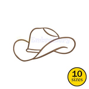 May include: A brown cowboy hat outline. The hat has a curved brim and a rounded crown. A yellow circle with the text "10 sizes" is in the lower right corner. The word "Embroidery" is in the background.