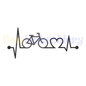 Puede incluir: Ilustración en blanco y negro de línea de arte de una bicicleta, un corazón y una línea de latido del corazón. El diseño es un símbolo del amor por el ciclismo.