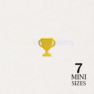 May include: A yellow embroidered trophy icon centered on a white textured background. Below the trophy, the text reads 7 MINI SIZES in black capital letters. The trophy features two side handles and a pedestal base with horizontal stitching.