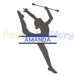 May include: Silhouette of a gymnast in a split, holding a baton. The gymnast's name, AMANDA, is displayed in blue text with black lines above and below. The image is a digital design, likely for embroidery or a similar craft.