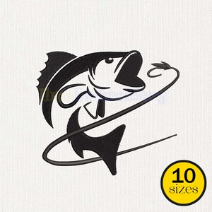 May include: A black machine embroidery design of a fish with its mouth open, hooked by a fishing line that curves around its body. In the bottom right corner, a yellow circle contains the black text 10 sizes.