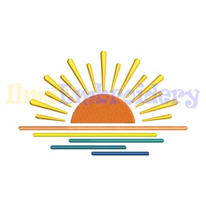 May include: A stylized embroidery design of a yellow sun setting over a blue, green, and yellow ocean. The sun is orange and has a yellow outline.