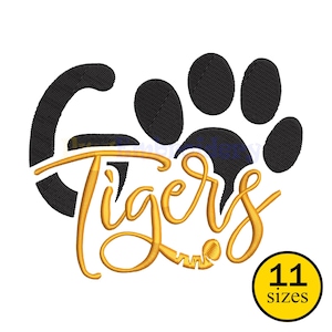 May include: Black paw print and the word "Go" in black, with the word "Tigers" in gold script. A yellow circle with the text "11 sizes" is in the lower right corner. The design is on a white background.