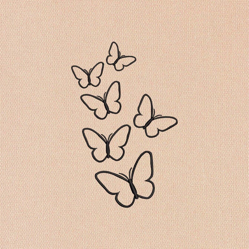 May include: A collection of six black butterfly outlines arranged diagonally on a light peach-colored textured background. The butterflies vary in size, with their wings spread open.