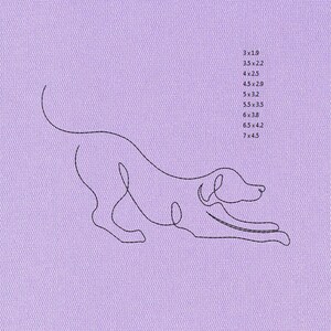 May include: A minimalist line drawing of a dog in a playful pose, rendered in black against a light purple textured background. The image includes a list of dimensions: 3x1.9, 3.5x2.2, 4x2.5, 4.5x2.9, 5x3.2, 5.5x3.5, 6x3.8, 6.5x4.2, and 7x4.5 inches.