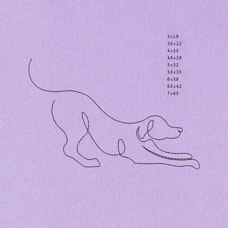 May include: A minimalist line drawing of a dog in a playful pose, rendered in black against a light purple textured background. The image includes a list of dimensions: 3x1.9, 3.5x2.2, 4x2.5, 4.5x2.9, 5x3.2, 5.5x3.5, 6x3.8, 6.5x4.2, and 7x4.5 inches.